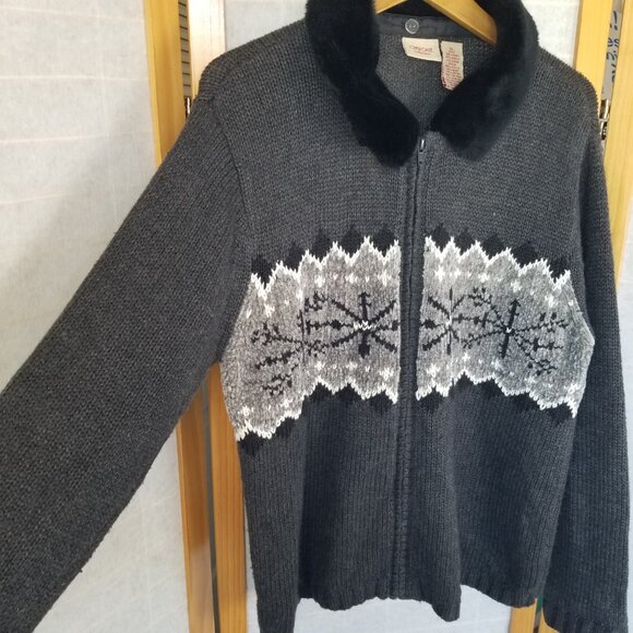 Vintage Snowflake Cardigan Sweater Size XL Zip Up Faux Fur Collar Nordic Design - Picture 5 of 8